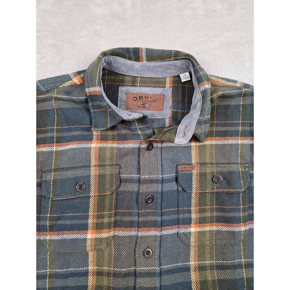Orvis Big Bear Heavyweight Flannel Shirt Mens L Green Plaid Long Sleeve Pockets
